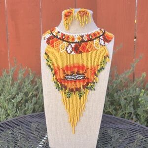 💕New Listing 💕Handmade Beaded Choker with Fringe Waterfall and Earrings